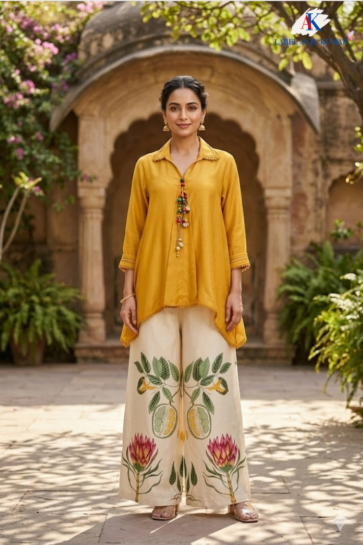 Yellow Muslin A-Line Coord Set with Lace Detailing and Printed Trousers
