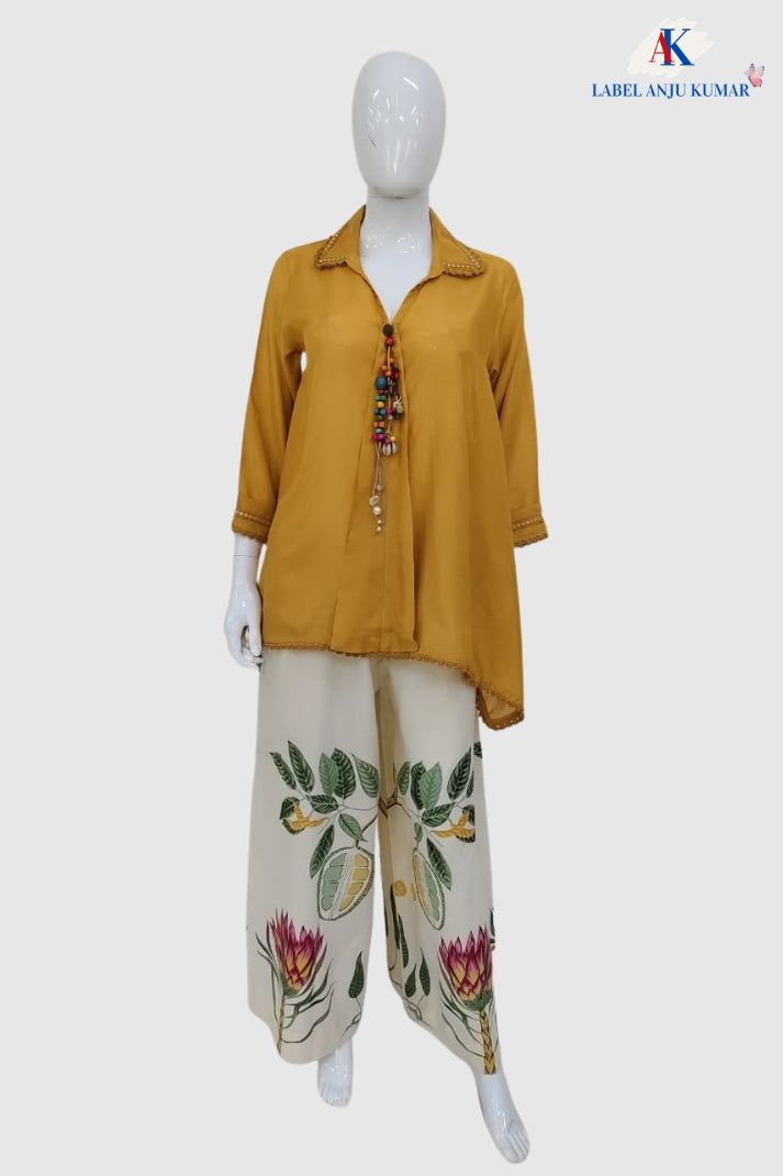 Yellow Muslin A-Line Coord Set with Lace Detailing and Printed Trousers