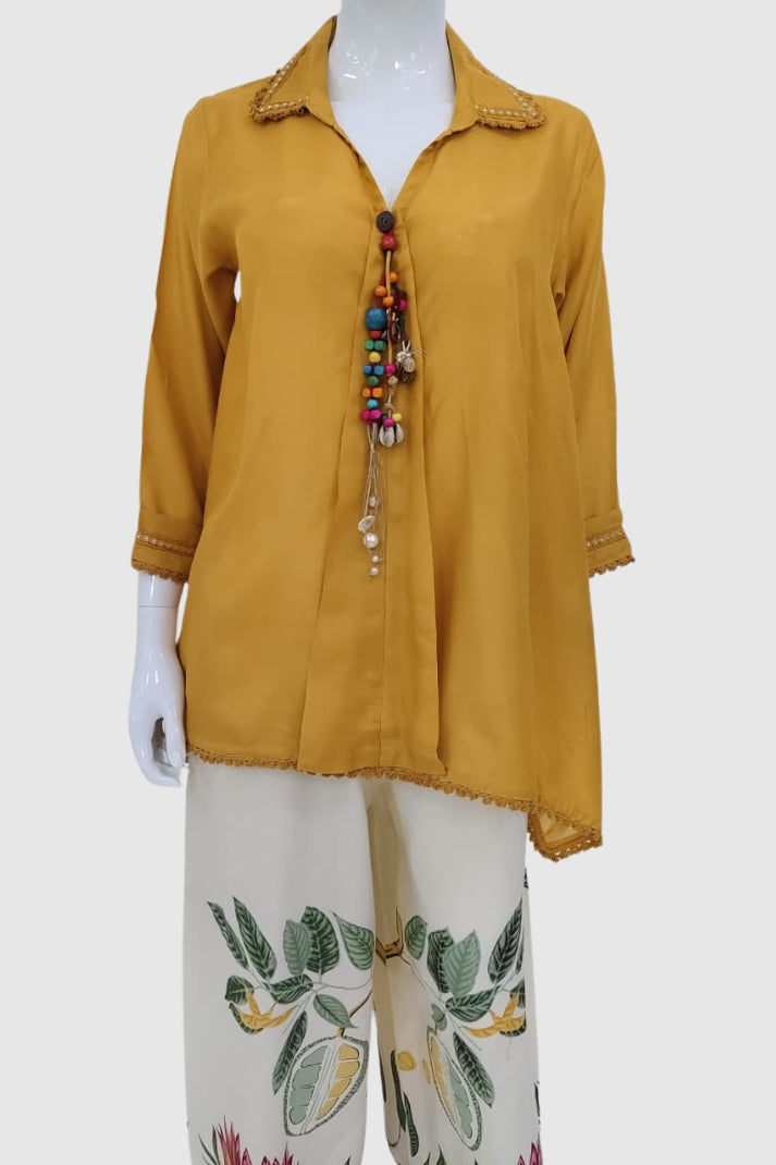 Yellow Muslin A-Line Coord Set with Lace Detailing and Printed Trousers