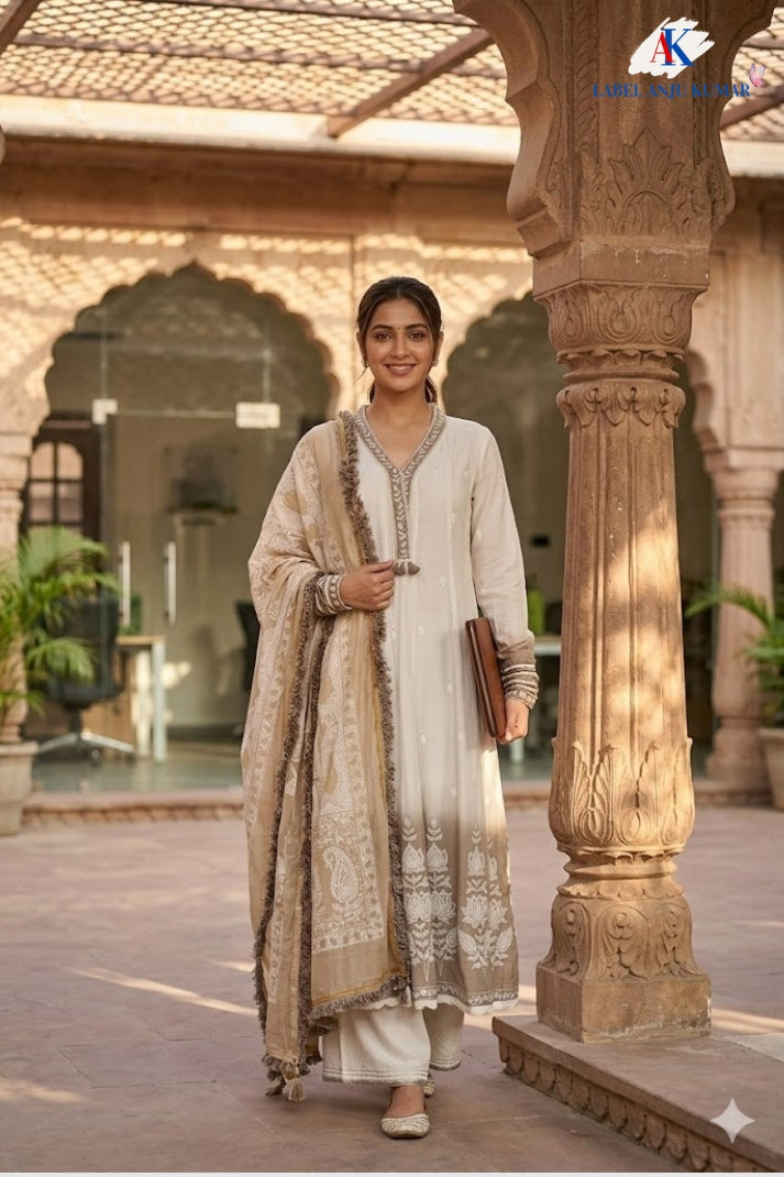 Beige Mal Cotton Chikankari Anarkali Suit Dupatta Set