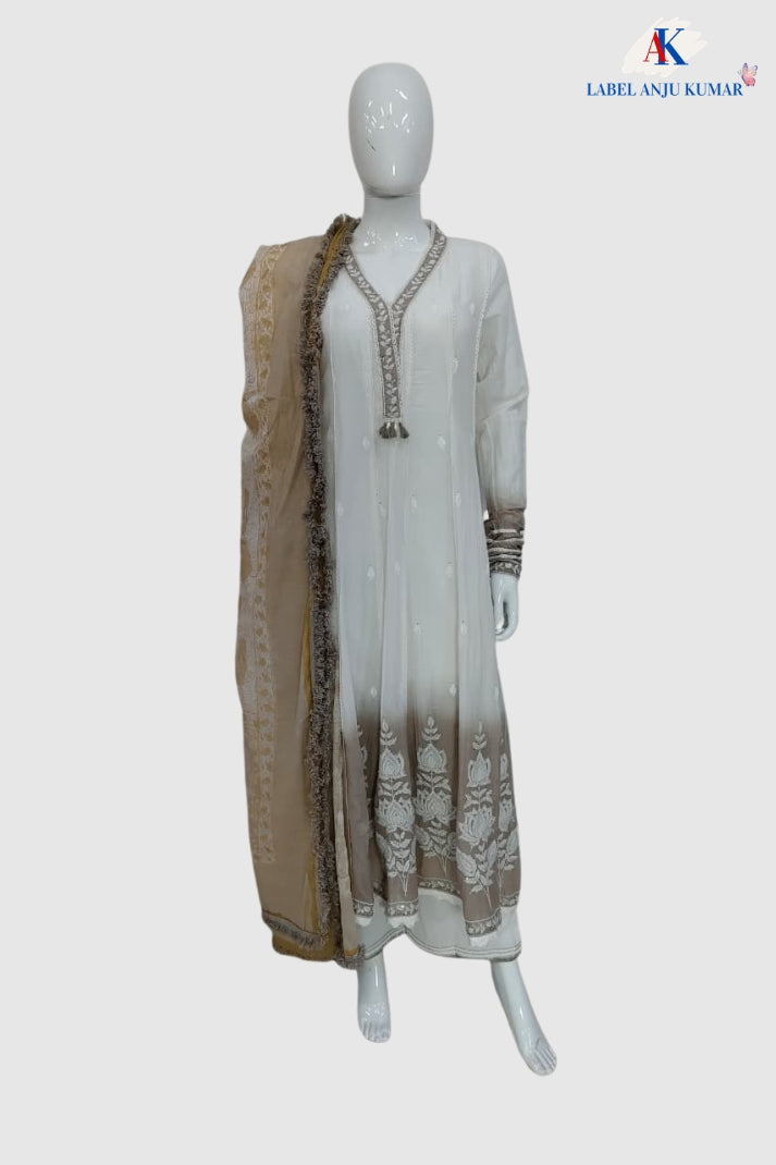Beige Mal Cotton Chikankari Anarkali Suit Dupatta Set