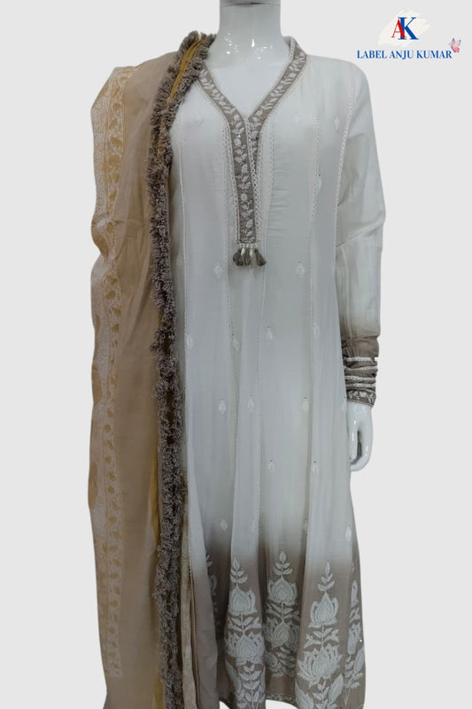 Beige Mal Cotton Chikankari Anarkali Suit Dupatta Set