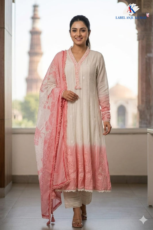 Pink Mal Cotton Chikankari Anarkali Suit Dupatta Set
