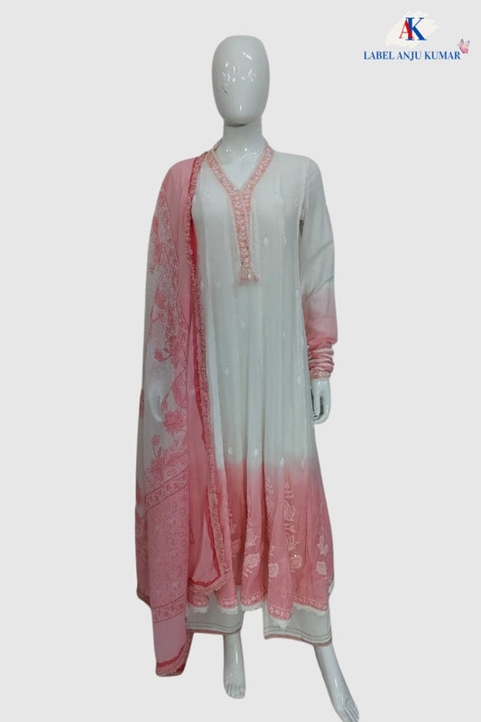 Pink Mal Cotton Chikankari Anarkali Suit Dupatta Set