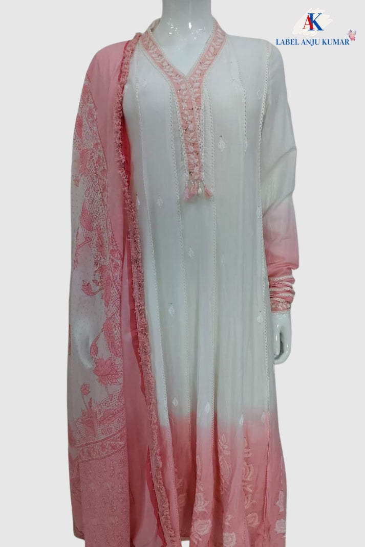 Pink Mal Cotton Chikankari Anarkali Suit Dupatta Set