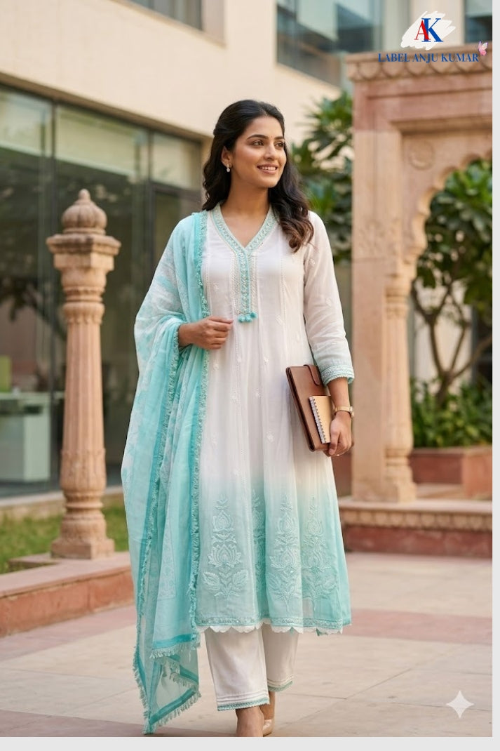 Sky Blue Mal Cotton Chikankari Anarkali Suit Dupatta Set