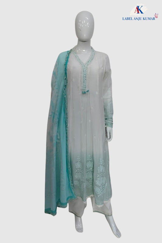 Sky Blue Mal Cotton Chikankari Anarkali Suit Dupatta Set