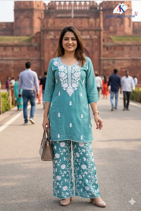 Lylac Mal Chanderi Chikankari Semi Formal Coord Set