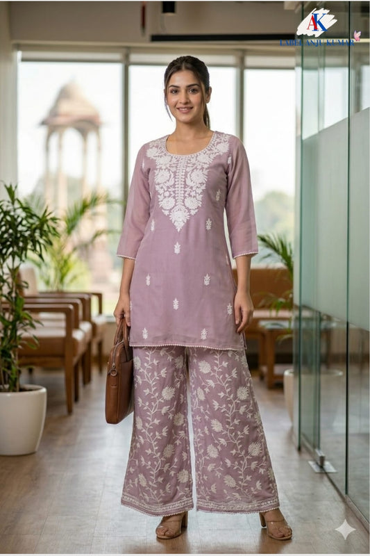 Dusty Pink Mal Chanderi Chikankari Semi Formal Coord Set