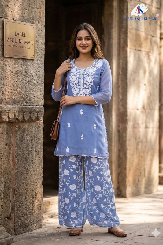 Sky Blue Mal Chanderi Chikankari Semi Formal Coord Set
