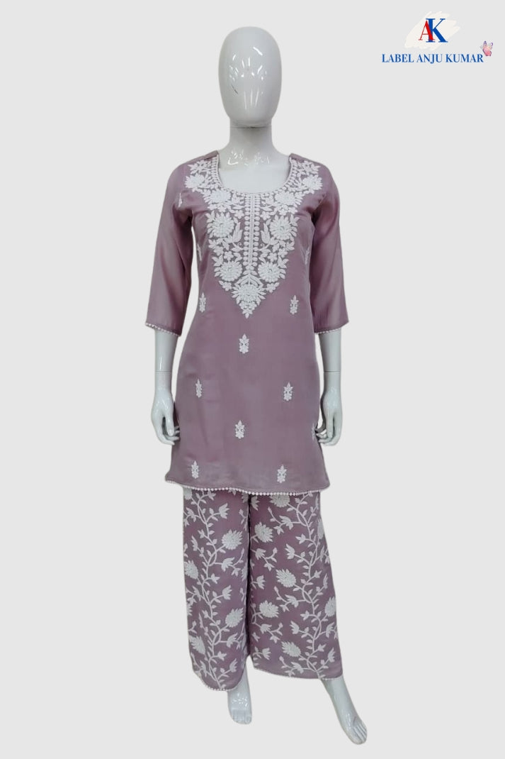 Dusty Pink Mal Chanderi Chikankari Semi Formal Coord Set