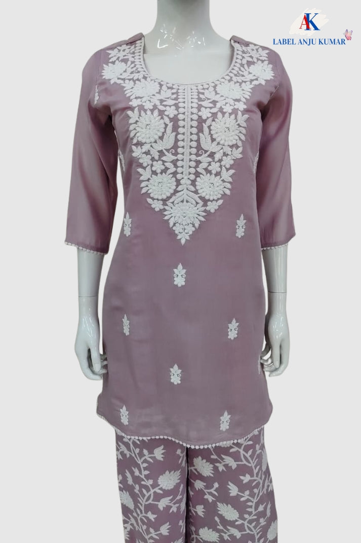 Dusty Pink Mal Chanderi Chikankari Semi Formal Coord Set