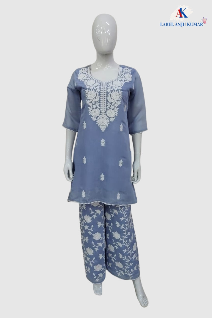 Sky Blue Mal Chanderi Chikankari Semi Formal Coord Set