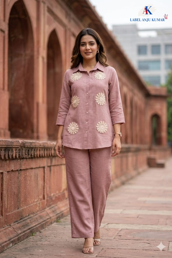 Pink Soft Linen Co-ord Set for Women with Jute Patch Work