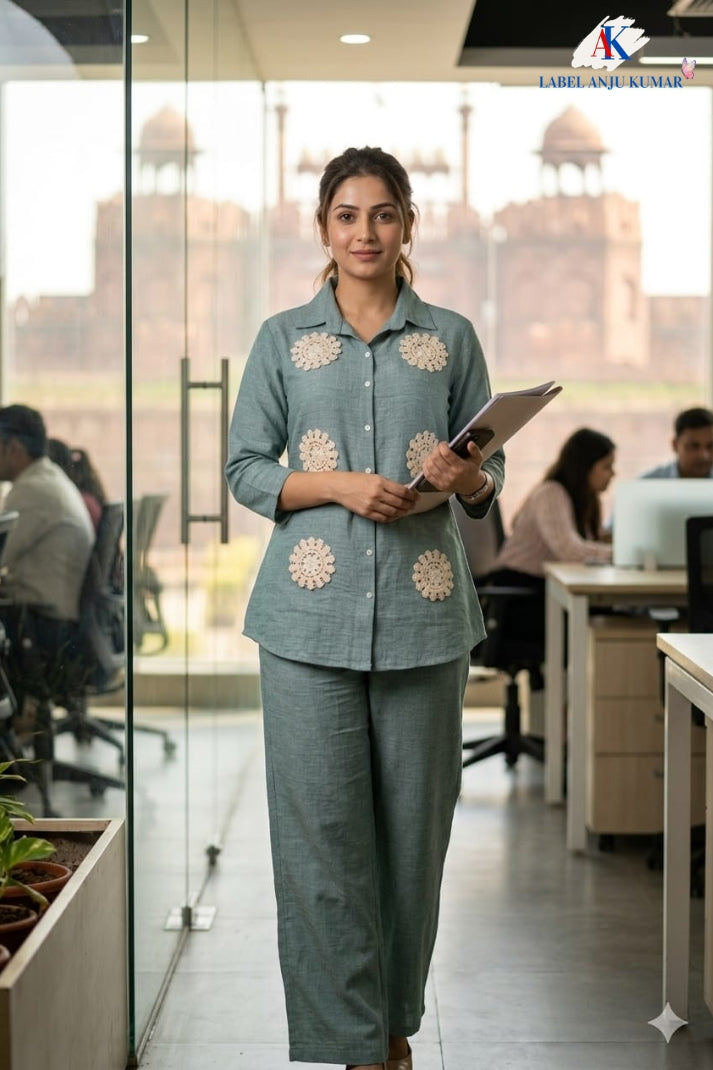Sky Blue Premium Soft Linen Co-ord Set for Women with Straight Trousers