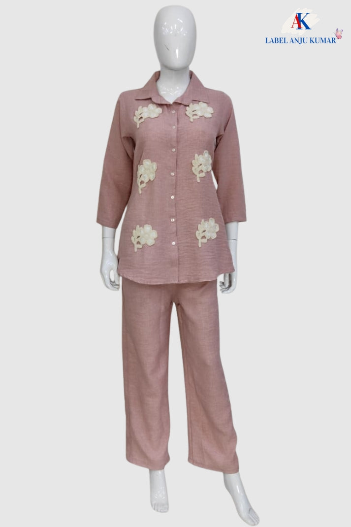 Pink Soft Linen Co-ord Set for Women with Jute Patch Work