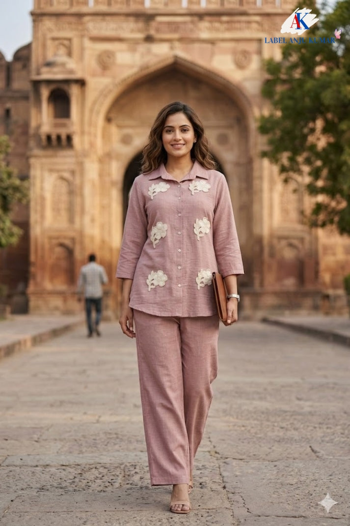Pink Soft Linen Co-ord Set for Women with Jute Patch Work
