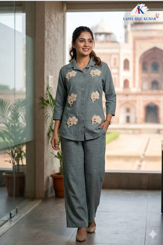 Sky Blue Premium Soft Linen Co-ord Set for Women with Straight Trousers