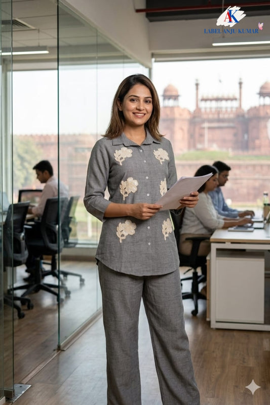 Grey Premium Linen Co-ord Set for Women | Stylish Ethnic Coord Wear