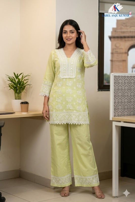 Liril Green Chikankari Co-ord Set in Pure Malmal Cotton for Women