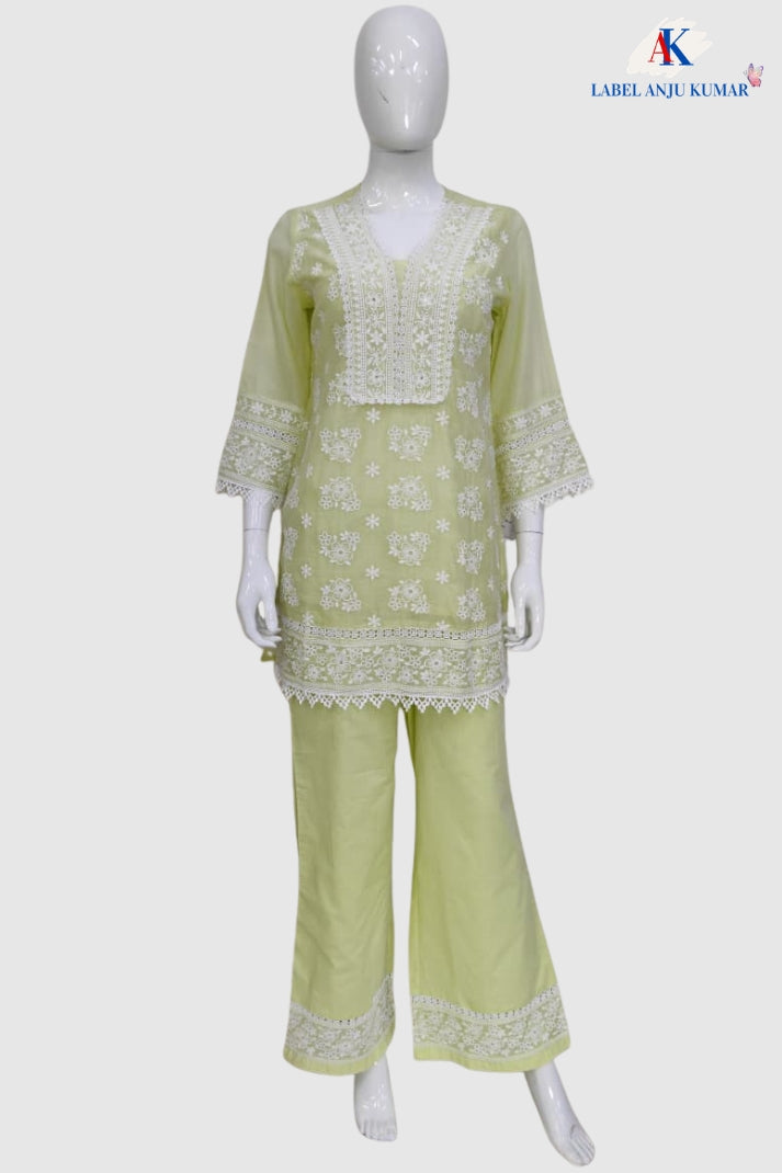 Liril Green Chikankari Co-ord Set in Pure Malmal Cotton for Women