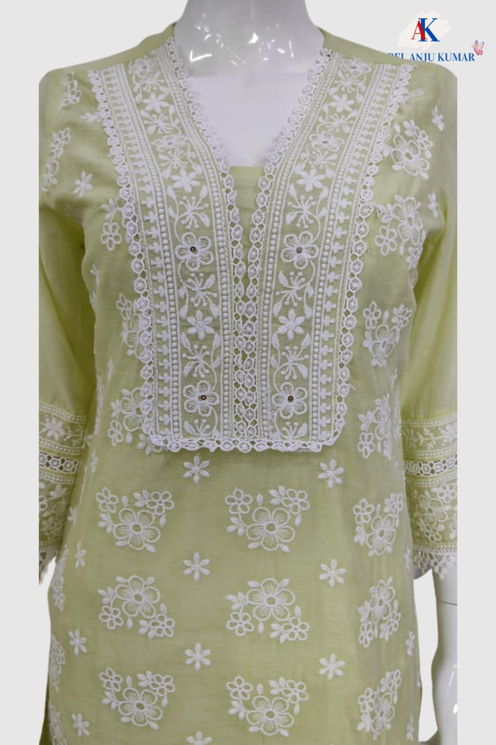 Liril Green Chikankari Co-ord Set in Pure Malmal Cotton for Women