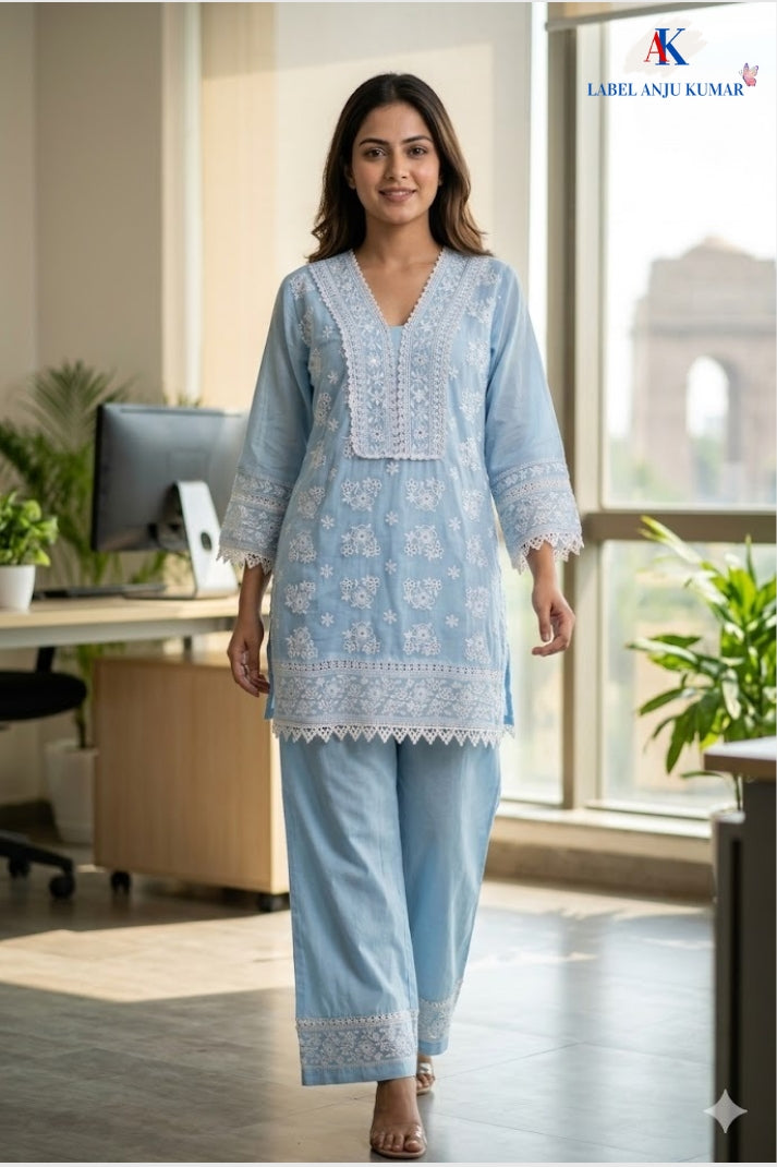 Sky Blue Pure Malmal Cotton Chikankari Co-ord Set for Women