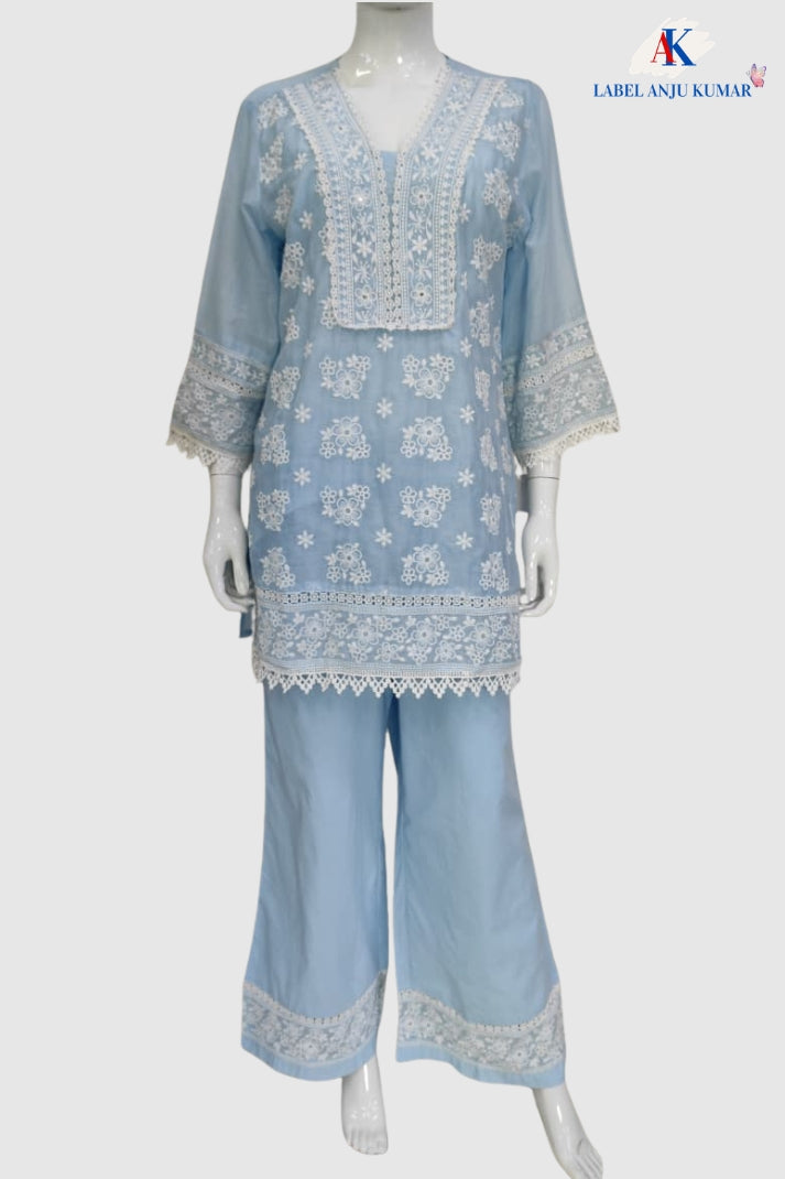 Sky Blue Pure Malmal Cotton Chikankari Co-ord Set for Women