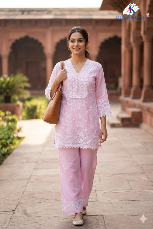 Baby Pink Pure Malmal Cotton Chikankari Co-ord Set for Women