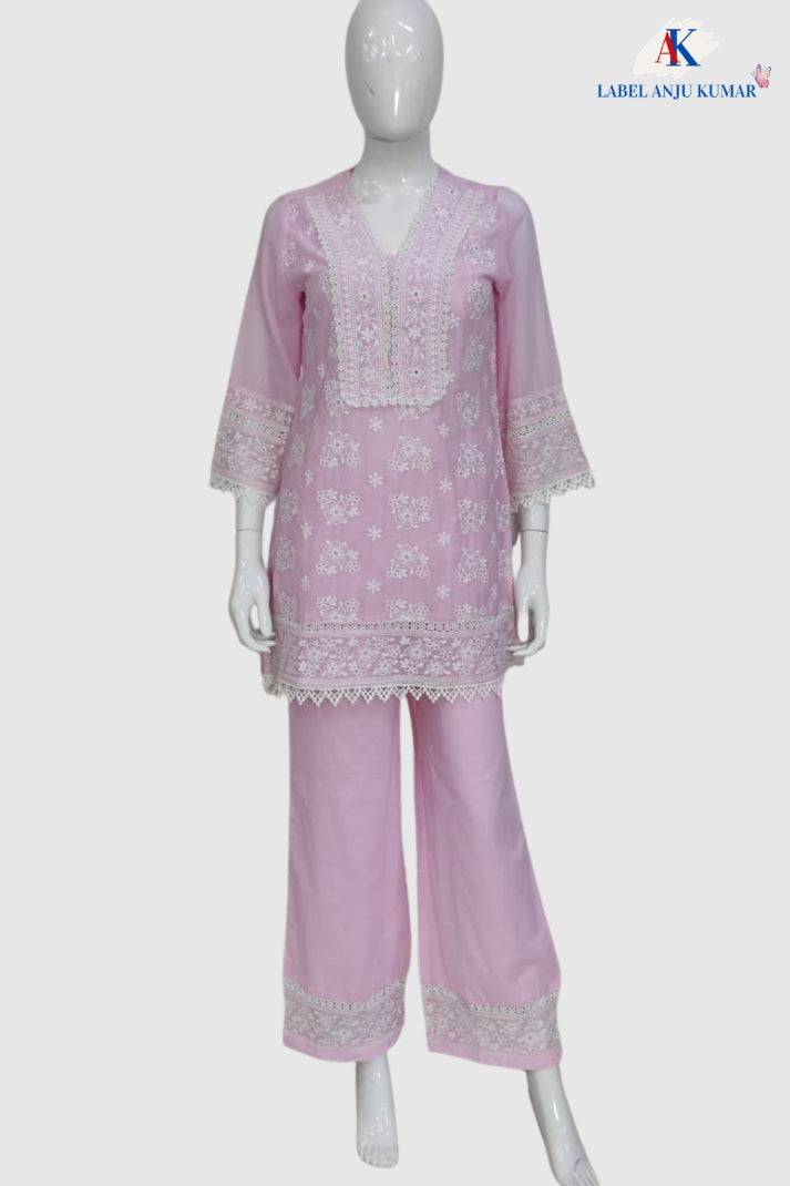 Baby Pink Pure Malmal Cotton Chikankari Co-ord Set for Women