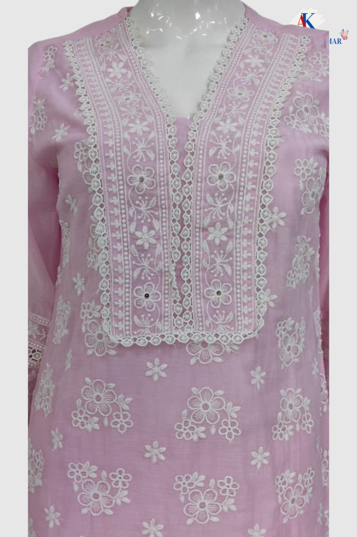 Baby Pink Pure Malmal Cotton Chikankari Co-ord Set for Women