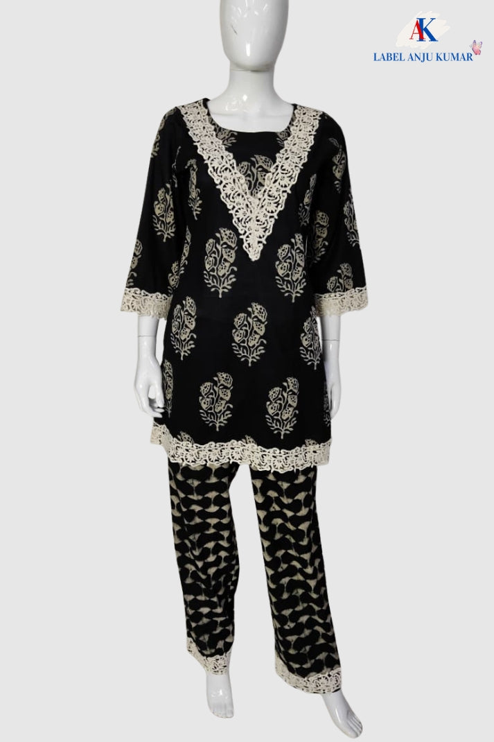 Black Pure Cotton Co-ord Set for Women with Lace Detailing