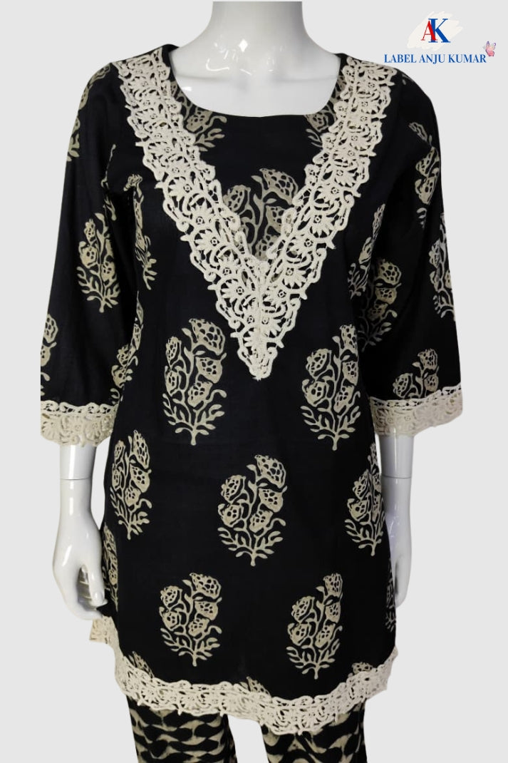 Black Pure Cotton Co-ord Set for Women with Lace Detailing