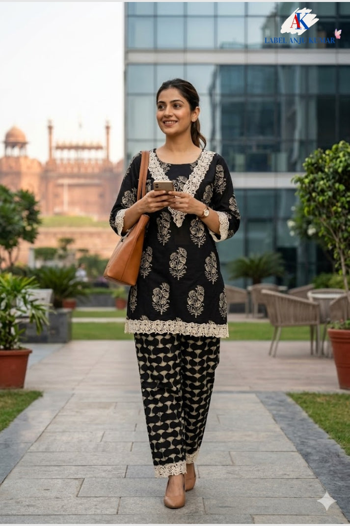 Black Pure Cotton Co-ord Set for Women with Lace Detailing