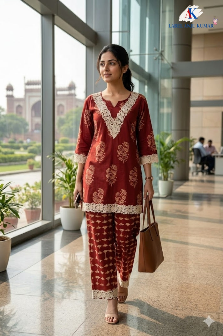 Rust Pure Cotton Co-ord Set for Women | Elegant Casual Ethnic Wear
