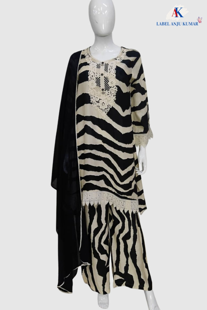 Black & White Muslin Coord Set with Lace Detailing