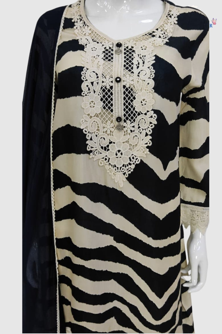 Black & White Muslin Coord Set with Lace Detailing