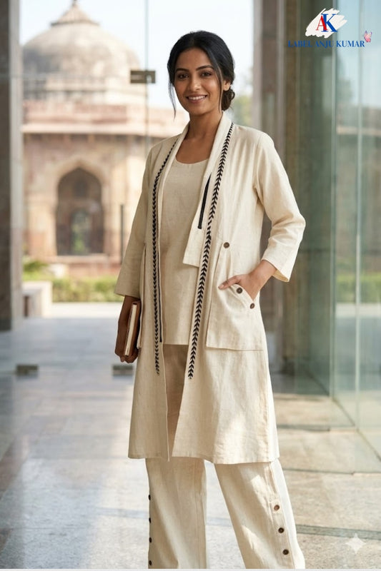 Off White Khadi Cotton Indo-Western Co-ord Set with Long Jacket