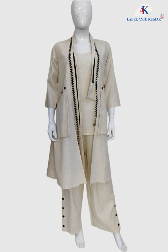 Off White Khadi Cotton Indo-Western Co-ord Set with Long Jacket