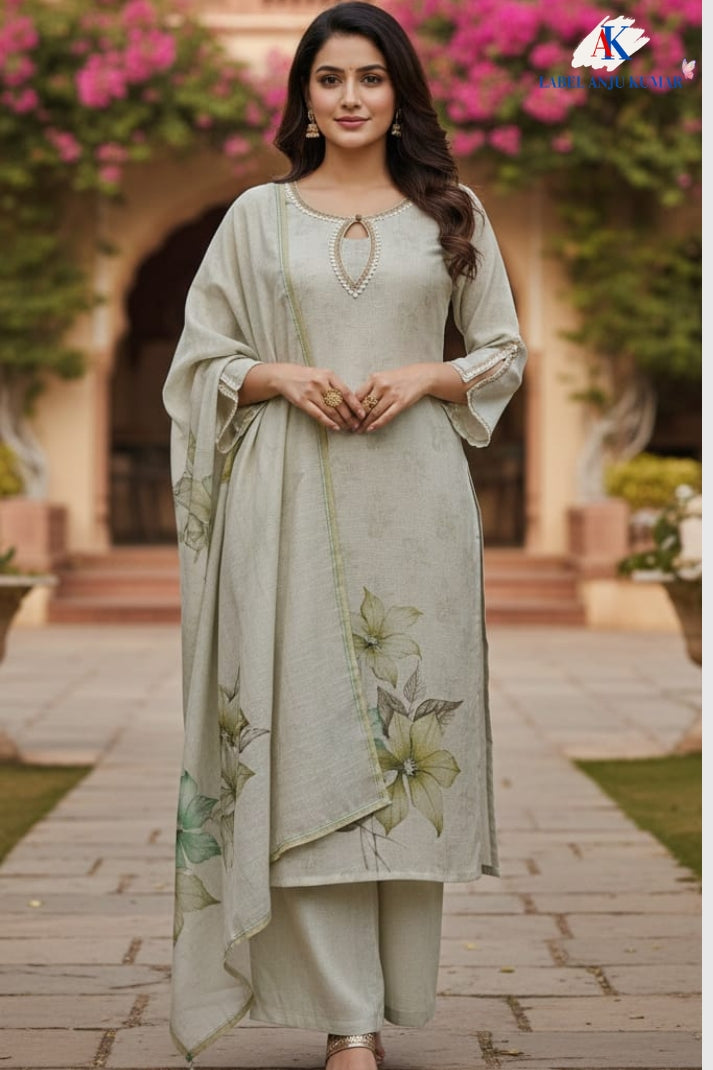 Peach Linen Digital Print Suit Dupatta Set with Lace Detailing