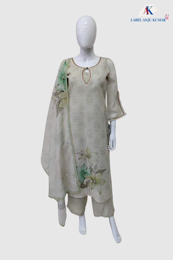 Peach Linen Digital Print Suit Dupatta Set with Lace Detailing
