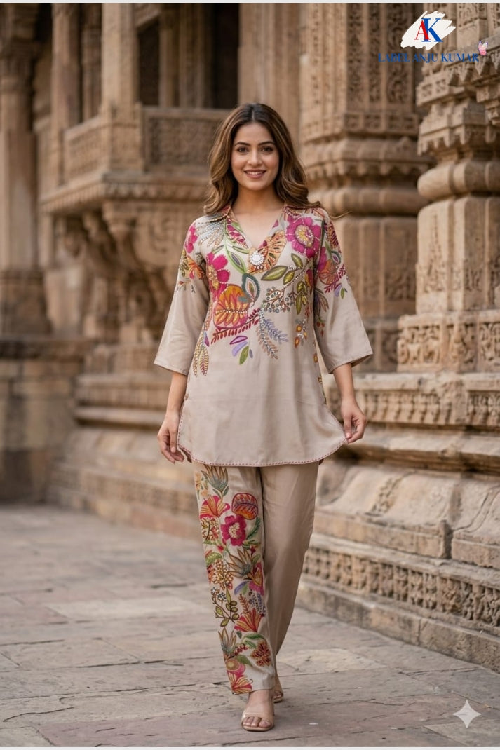Beige Pure Muslin Semi-Formal Coord Set with Beads Work