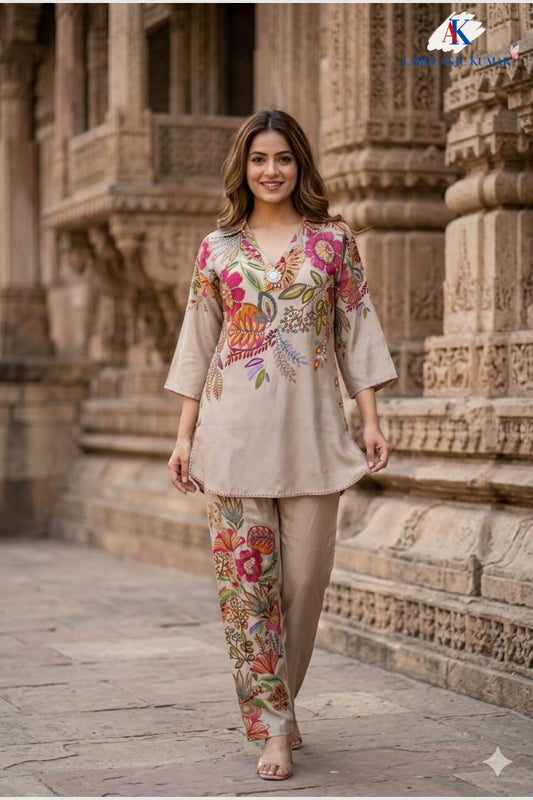 Beige Pure Muslin Semi-Formal Coord Set with Beads Work