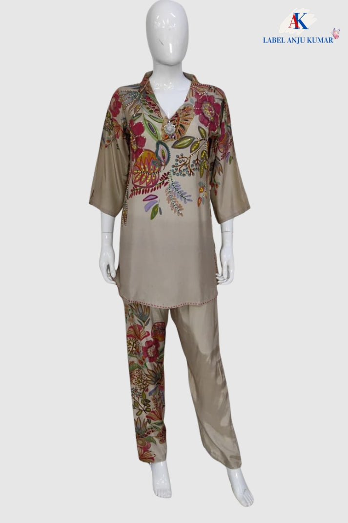 Beige Pure Muslin Semi-Formal Coord Set with Beads Work