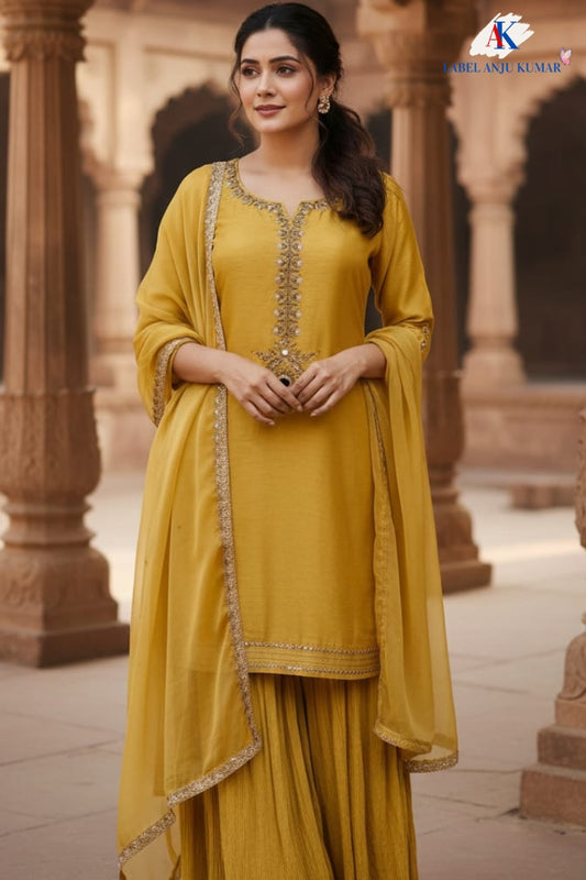 Mustard Silk Sharara Set with Organza Dupatta