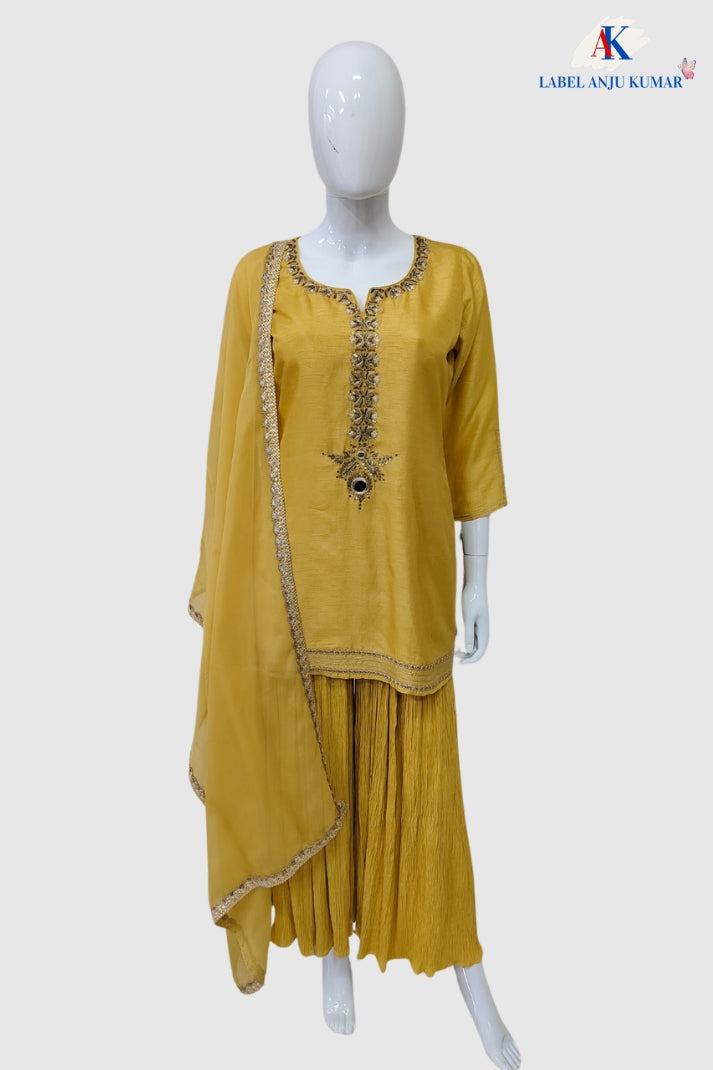 Mustard Silk Sharara Set with Organza Dupatta