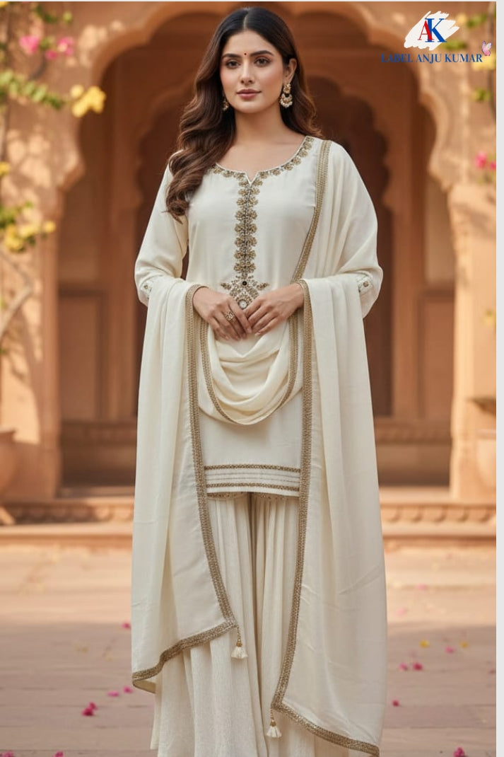 Offwhite Silk Sharara Set with Organza Dupatta