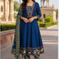 Blue Pure Cotton Anarkali Set with Printed Trousers & Dupatta