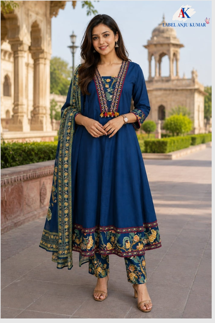 Blue Pure Cotton Anarkali Set with Printed Trousers & Dupatta
