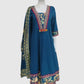 Blue Pure Cotton Anarkali Set with Printed Trousers & Dupatta
